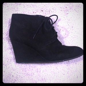 Black suede ankle bootie wedge